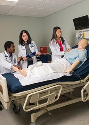 Health graduate students practicing on a dummy in the Simulation Lab
